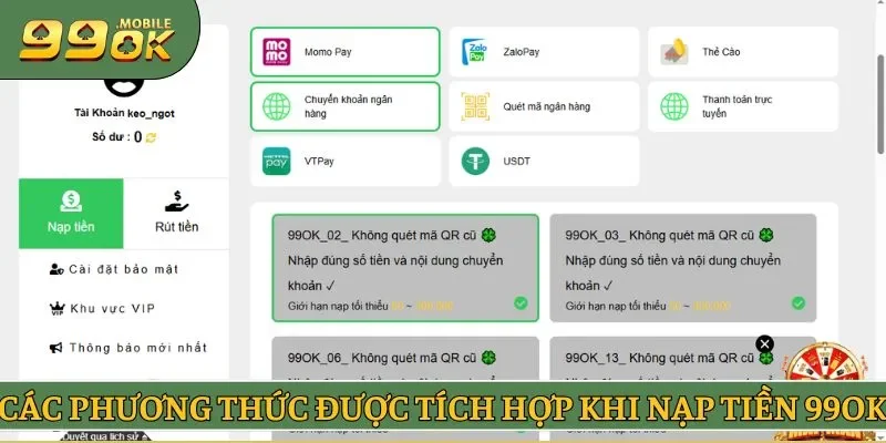 Các phương thức được tích hợp khi nạp tiền 99OK